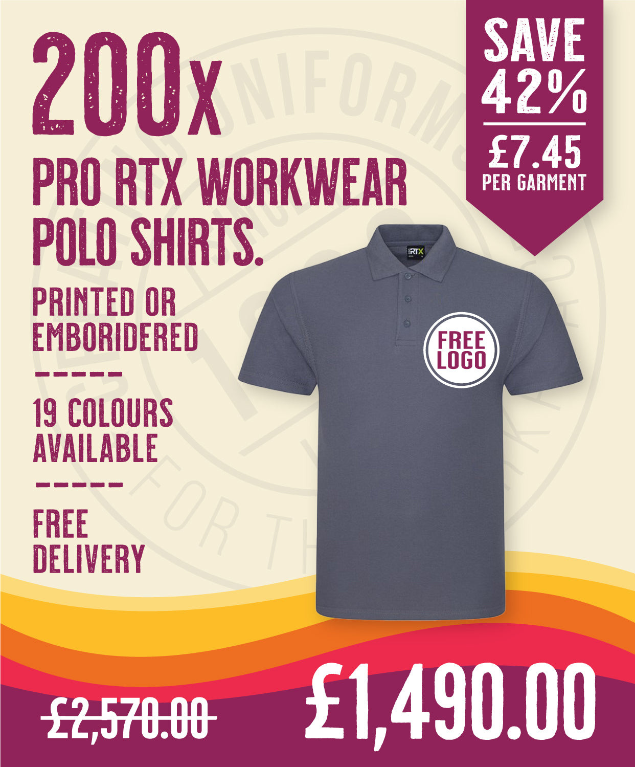 200 x Pro RTX Work Polos in Solid Grey by Print Lab Deals — Custom branded clothing by Print Press, featuring premium embroidery produced in our specialist print lab in the UK.