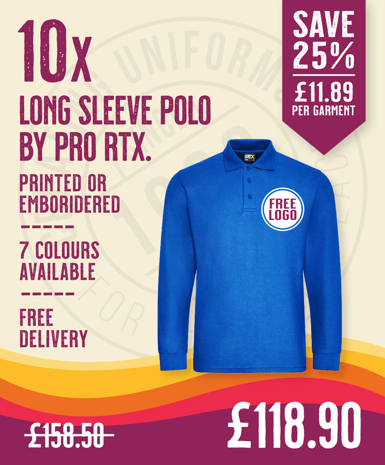 10 x Long Sleeve Polos by Pro RTX in Royal Blue by Print Lab Deals — Custom branded clothing by Print Press, featuring premium embroidery produced in our specialist print lab in the UK.