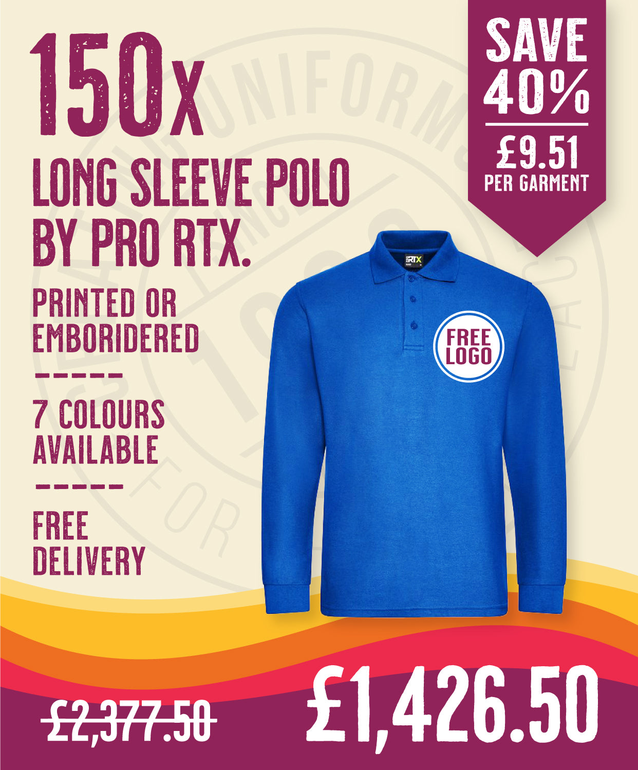 150 x Long Sleeve Polos by Pro RTX in Royal Blue by Print Lab Deals — Custom branded clothing by Print Press, featuring premium embroidery produced in our specialist print lab in the UK.