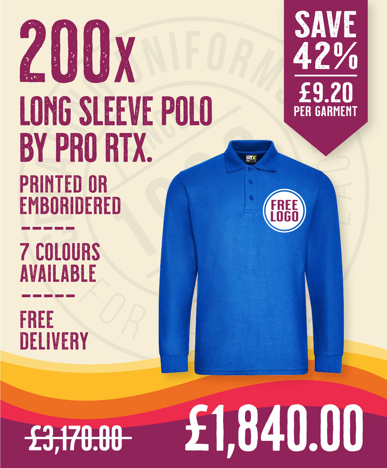 200 x Long Sleeve Polos by Pro RTX in Royal Blue by Print Lab Deals — Custom branded clothing by Print Press, featuring premium embroidery produced in our specialist print lab in the UK.