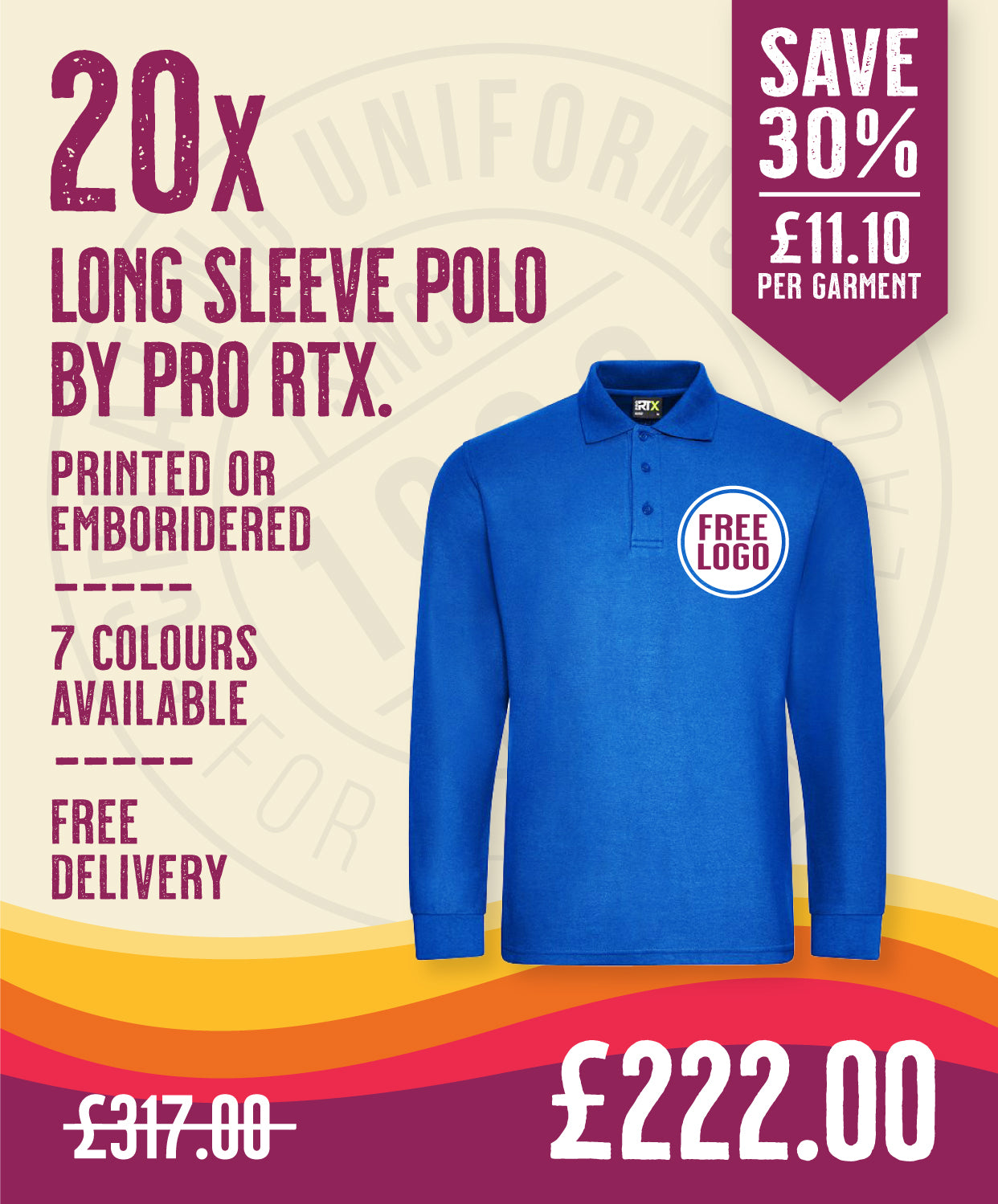 20 x Long Sleeve Polos by Pro RTX in Royal Blue by Print Lab Deals — Custom branded clothing by Print Press, featuring premium embroidery produced in our specialist print lab in the UK.