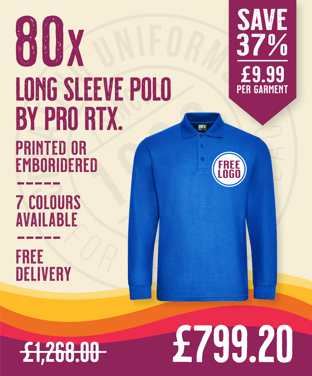80 x Long Sleeve Polos by Pro RTX in Royal Blue by Print Lab Deals — Custom branded clothing by Print Press, featuring premium embroidery produced in our specialist print lab in the UK.