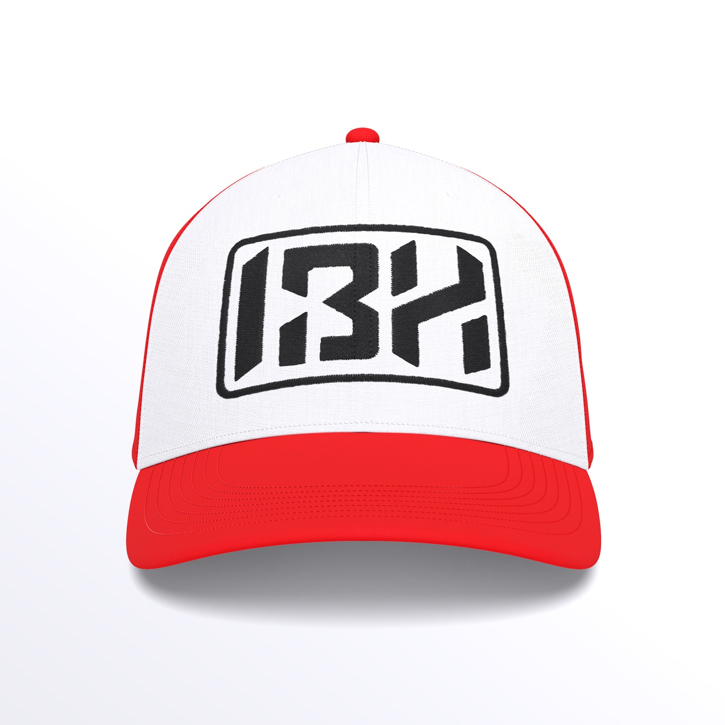IBH Trucker Cap - Embroidered (£29.40 inc VAT) in Black Thread - Red White by printlab.clothing — Custom branded clothing by Print Press, featuring premium embroidery produced in our specialist print lab in the UK.