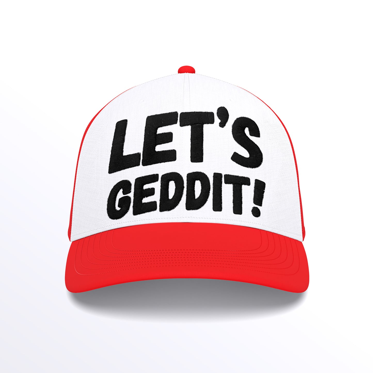 LET'S GEDDIT! Trucker Cap - Embroidered (£29.40 inc VAT) in Black Thread - Red White Cap by printlab.clothing — Custom branded clothing by Print Press, featuring premium embroidery produced in our specialist print lab in the UK.
