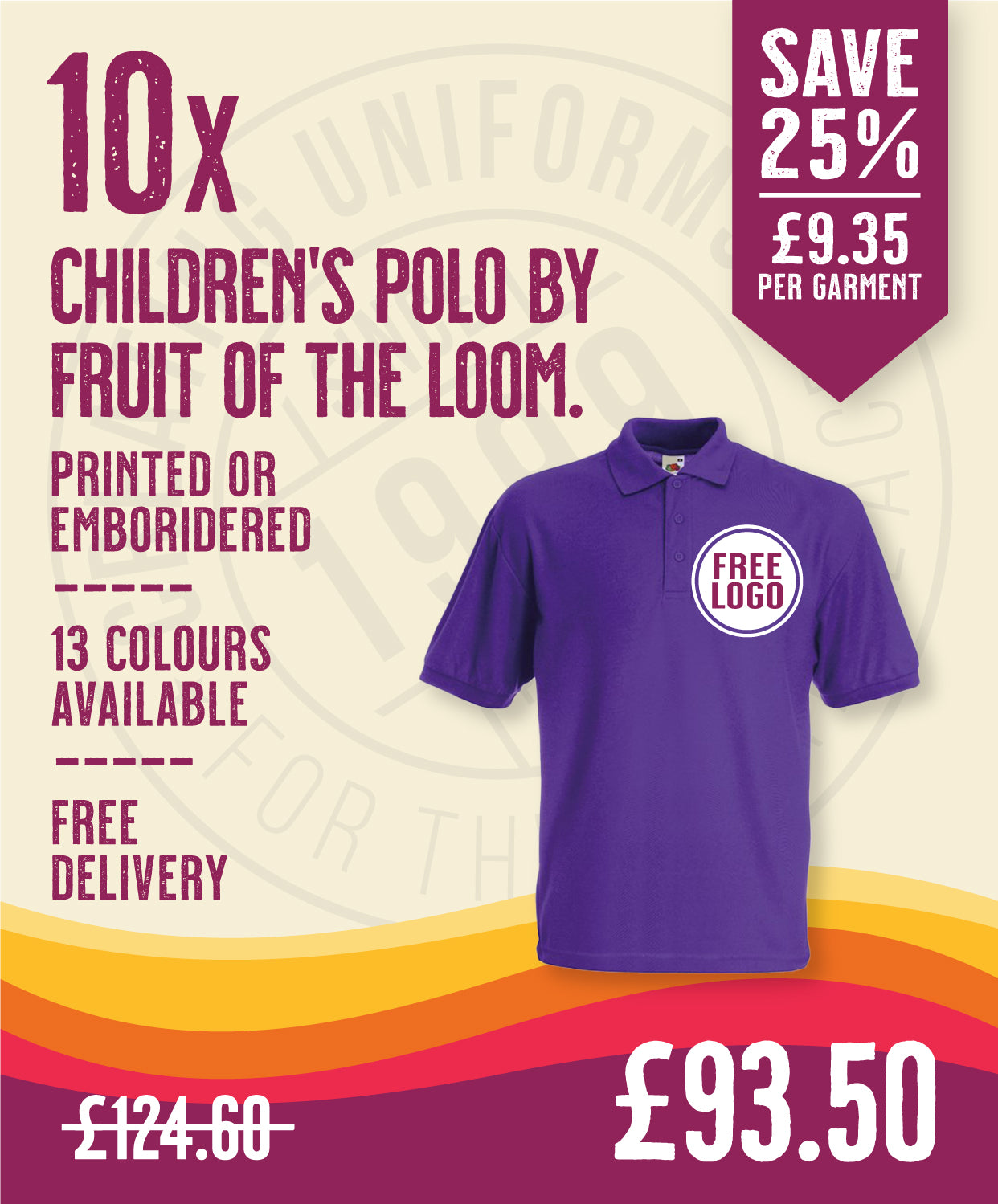 10 x Children's Polos by Fruit of the Loom in Purple by Print Lab Deals — Custom branded clothing by Print Press, featuring premium embroidery produced in our specialist print lab in the UK.