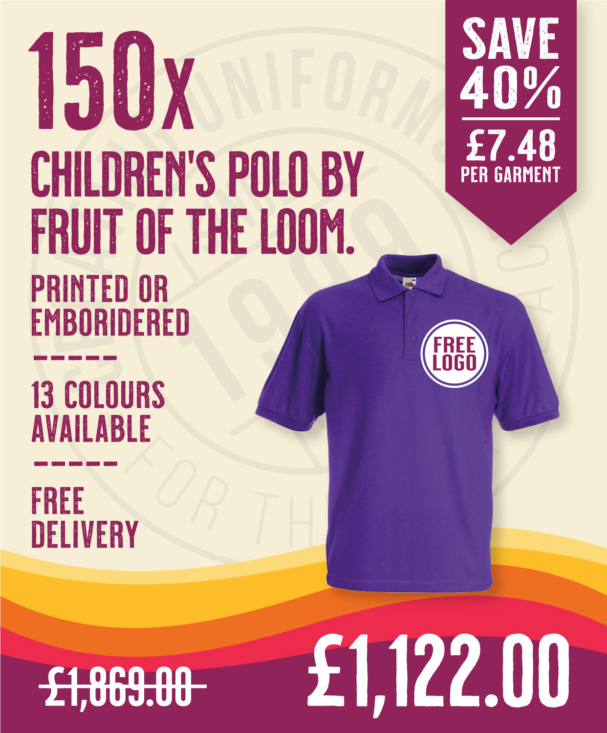150 x Children's Polos by Fruit of the Loom in Purple by Print Lab Deals — Custom branded clothing by Print Press, featuring premium embroidery produced in our specialist print lab in the UK.