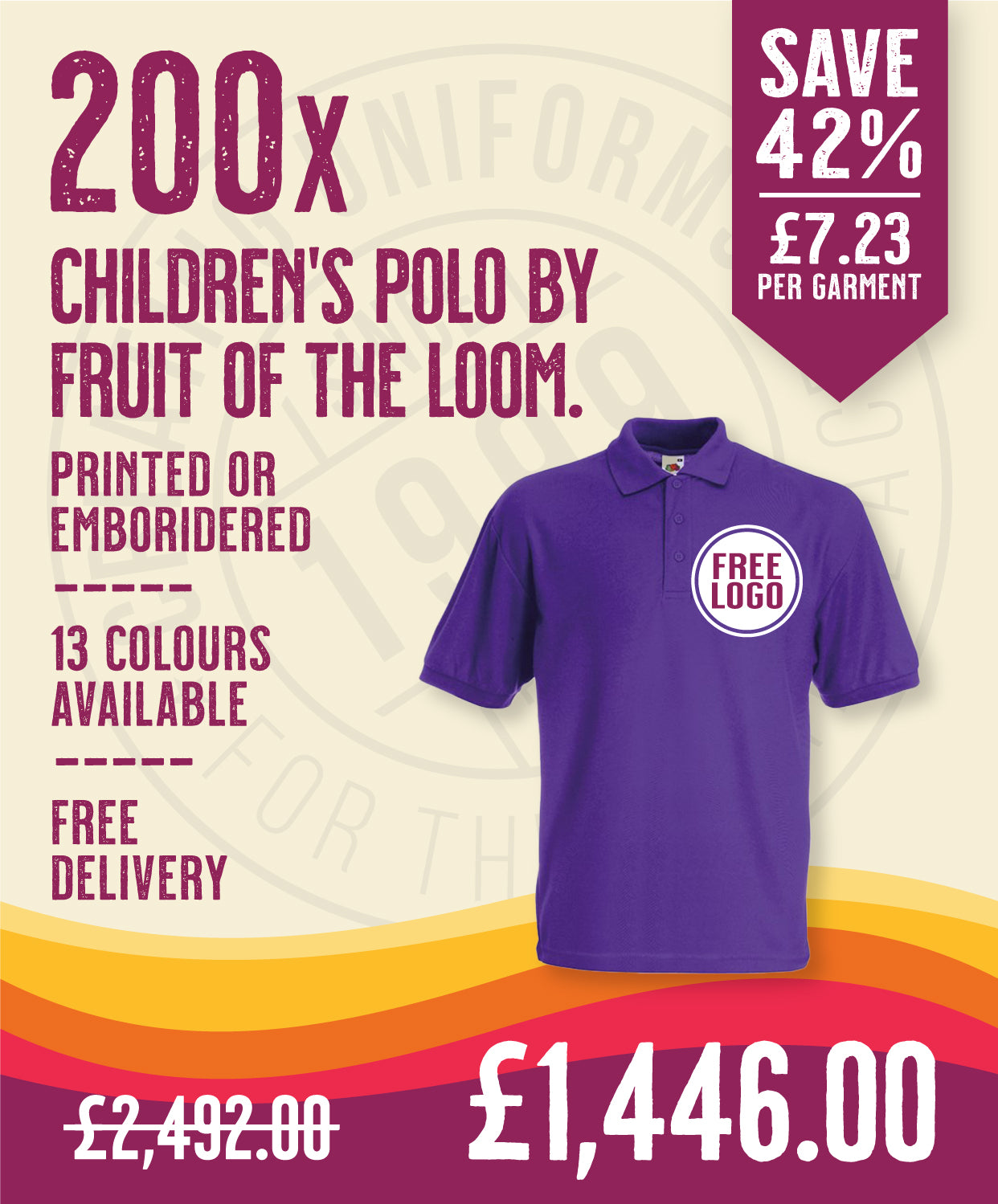 200 x Children's Polos by Fruit of the Loom in Purple by Print Lab Deals — Custom branded clothing by Print Press, featuring premium embroidery produced in our specialist print lab in the UK.