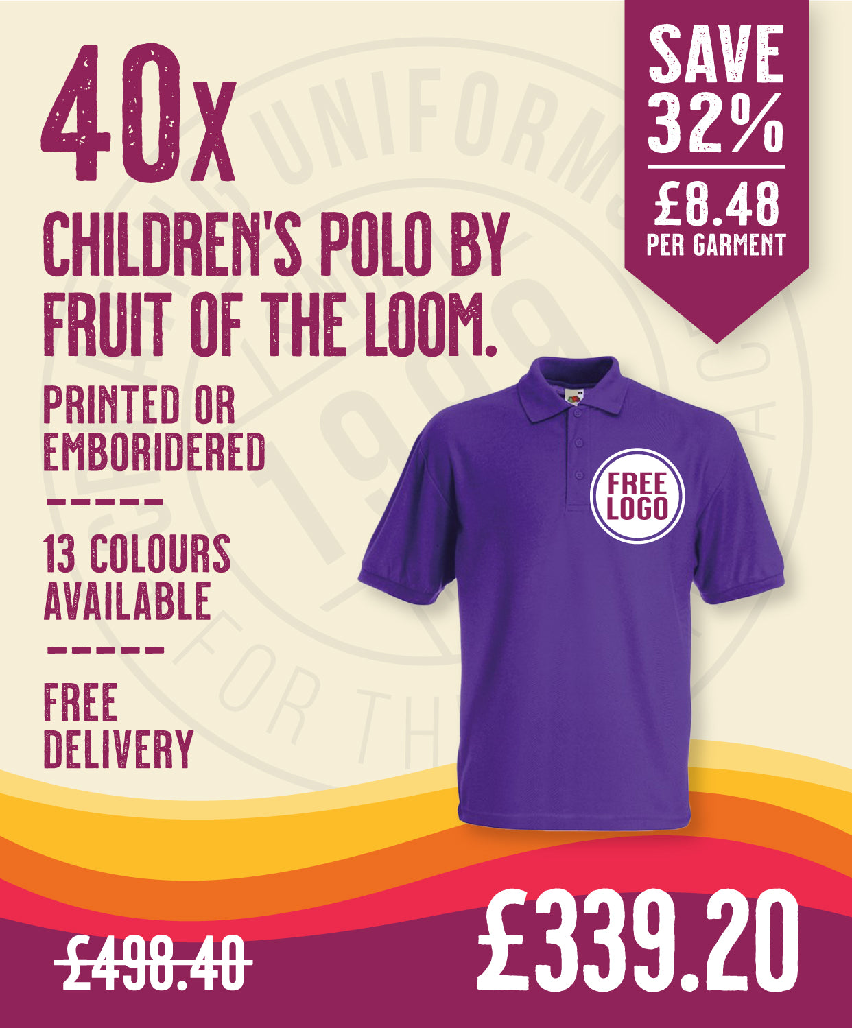 40 x Children's Polos by Fruit of the Loom in Purple by Print Lab Deals — Custom branded clothing by Print Press, featuring premium embroidery produced in our specialist print lab in the UK.