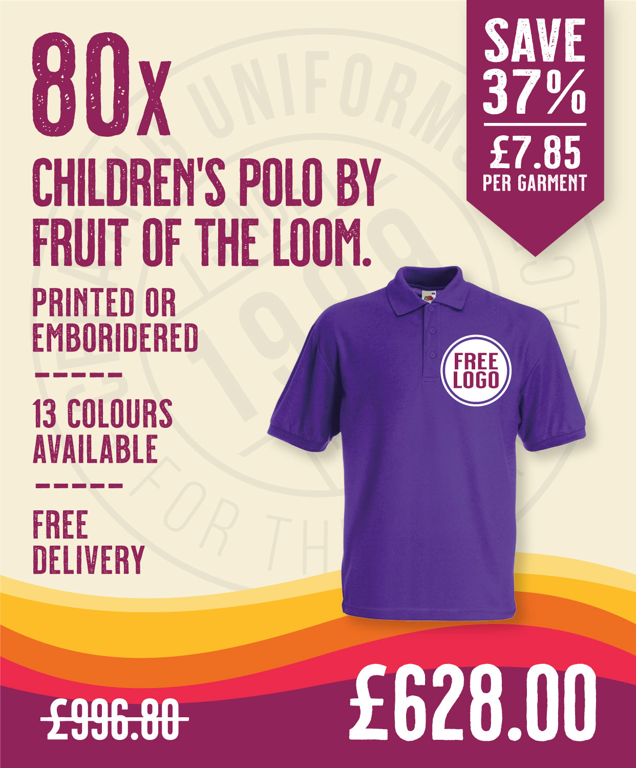 80 x Children's Polos by Fruit of the Loom in Purple by Print Lab Deals — Custom branded clothing by Print Press, featuring premium embroidery produced in our specialist print lab in the UK.