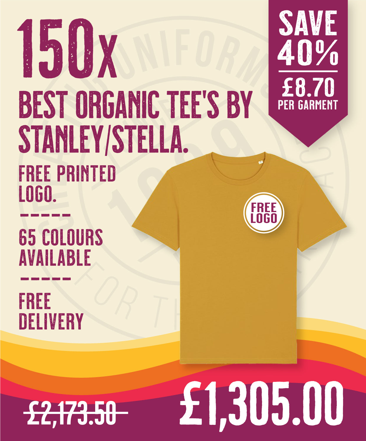 150 x Best Organic Tee's by Stanley/Stella in Ochre by Print Lab Deals — Custom branded clothing by Print Press, featuring premium embroidery produced in our specialist print lab in the UK.