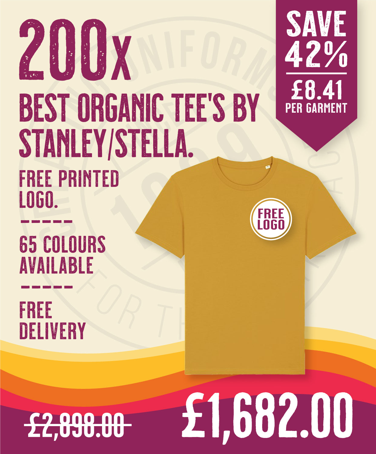 200 x Best Organic Tee's by Stanley/Stella in Ochre by Print Lab Deals — Custom branded clothing by Print Press, featuring premium embroidery produced in our specialist print lab in the UK.