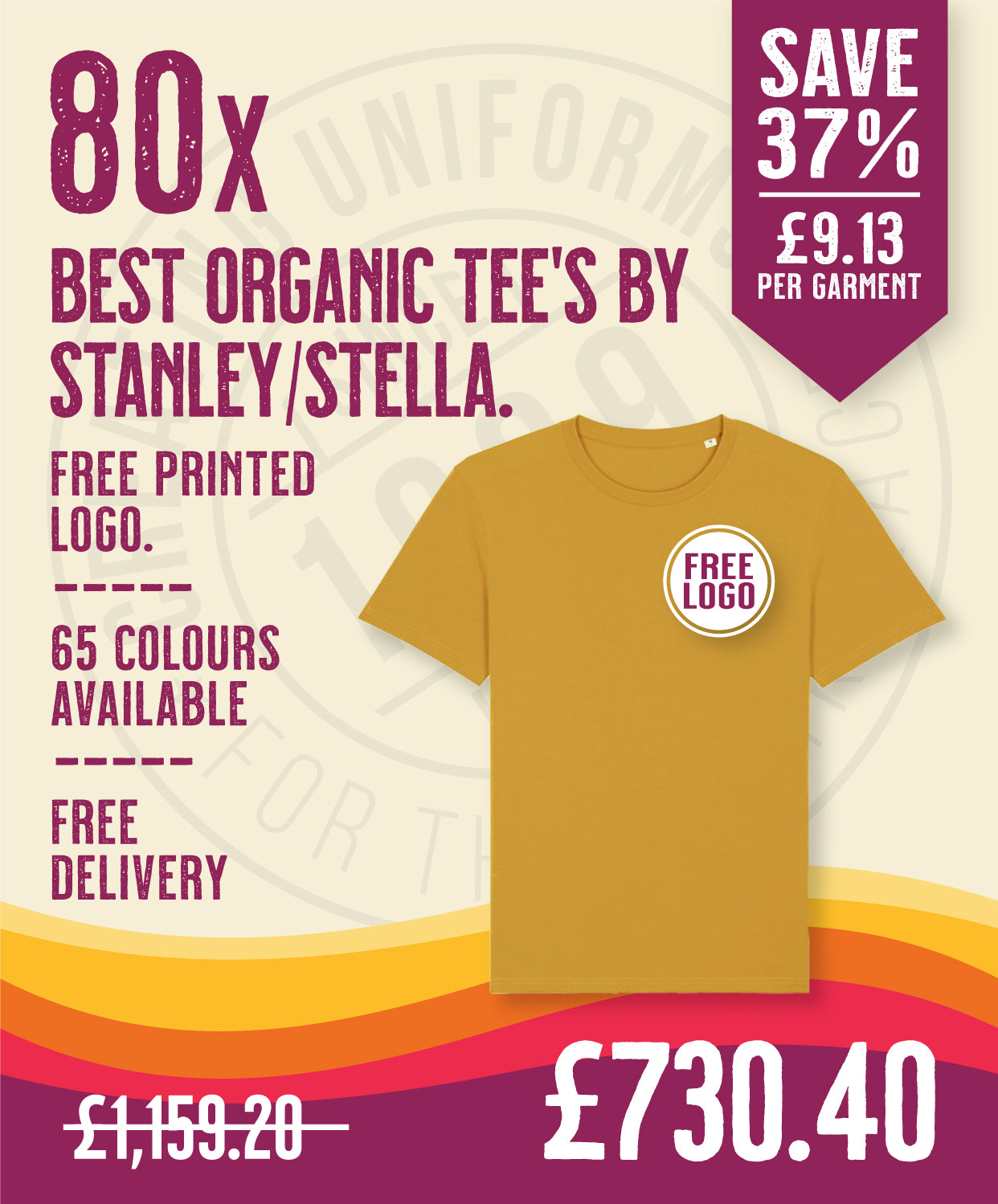 80 x Best Organic Tee's by Stanley/Stella in Ochre by Print Lab Deals — Custom branded clothing by Print Press, featuring premium embroidery produced in our specialist print lab in the UK.