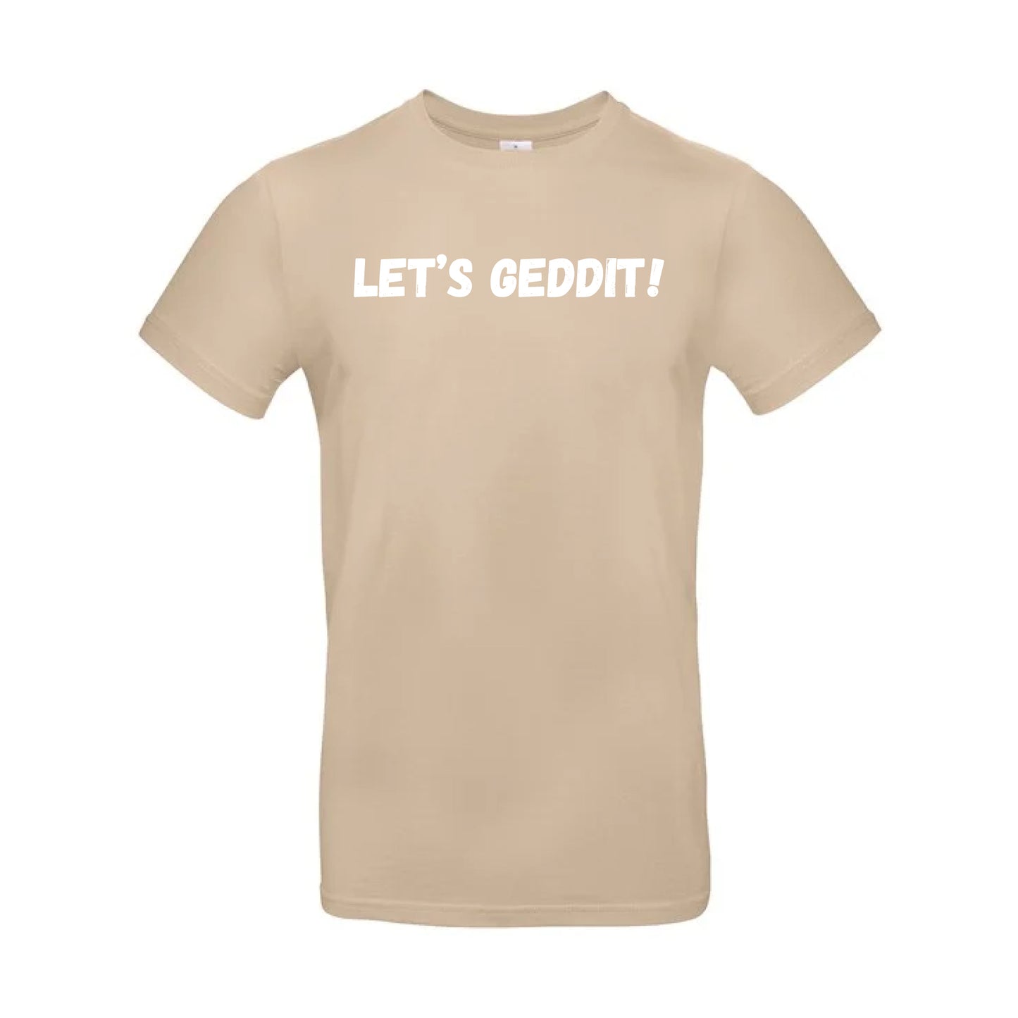 IBH T-Shirt - White Print (£26.40 inc VAT) in LET'S GEDDIT! Sand by printlab.clothing — Custom branded clothing by Print Press, featuring premium embroidery produced in our specialist print lab in the UK.
