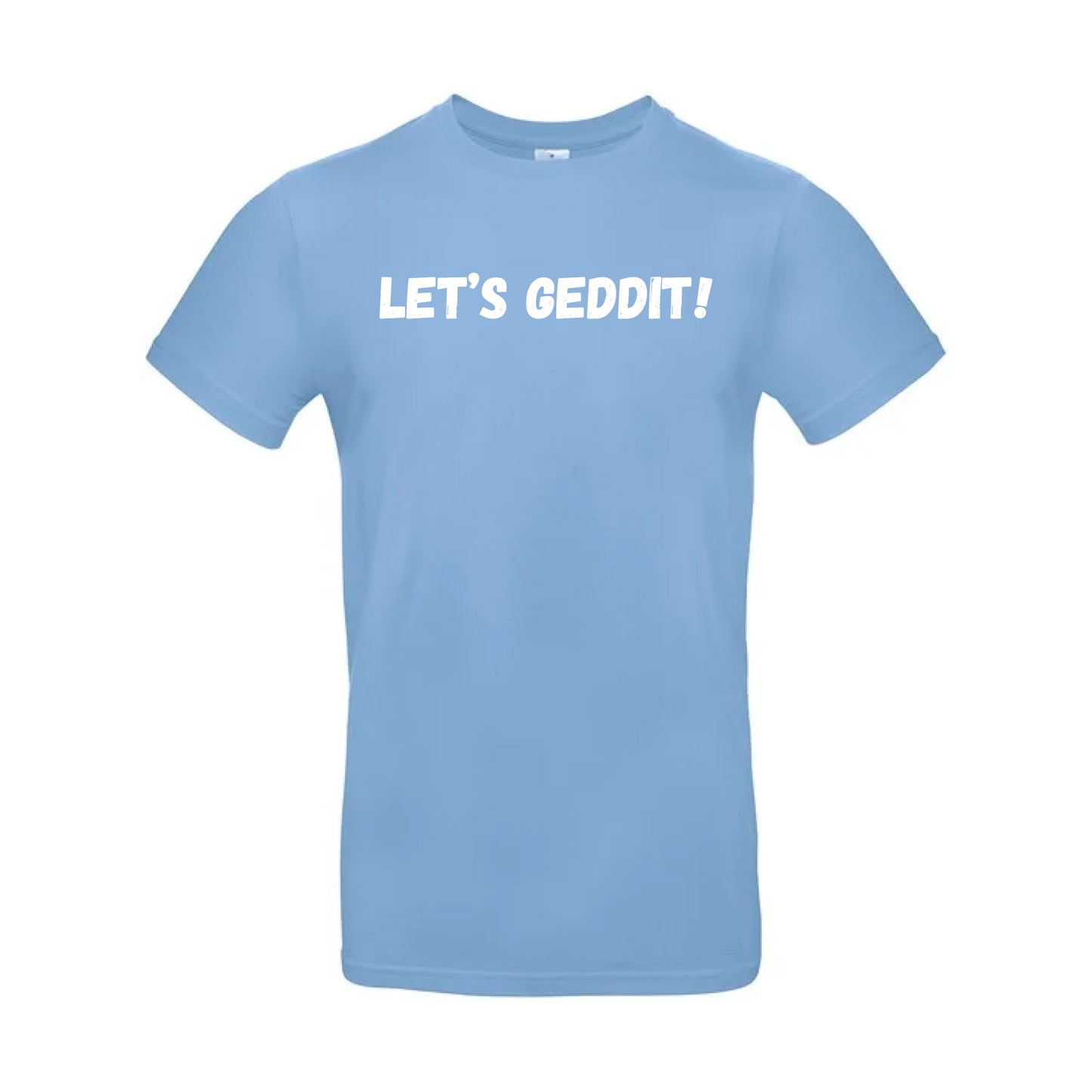 IBH T-Shirt - White Print (£26.40 inc VAT) in LET'S GEDDIT! Sky Blue by printlab.clothing — Custom branded clothing by Print Press, featuring premium embroidery produced in our specialist print lab in the UK.