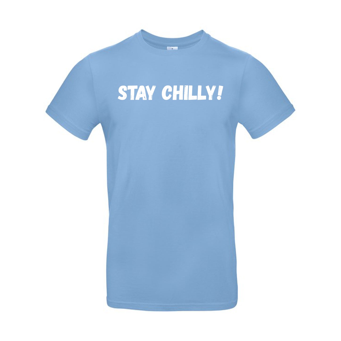 IBH Stay Chilly! T-Shirt - White Print (£26.40 inc VAT) in STAY CHILLY! Sky Blue by printlab.clothing — Custom branded clothing by Print Press, featuring premium embroidery produced in our specialist print lab in the UK.