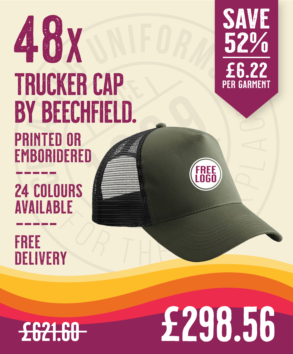 48 x Trucker Cap by Beechfield in Olive Green Black by Print Lab Deals — Custom branded clothing by Print Press, featuring premium embroidery produced in our specialist print lab in the UK.