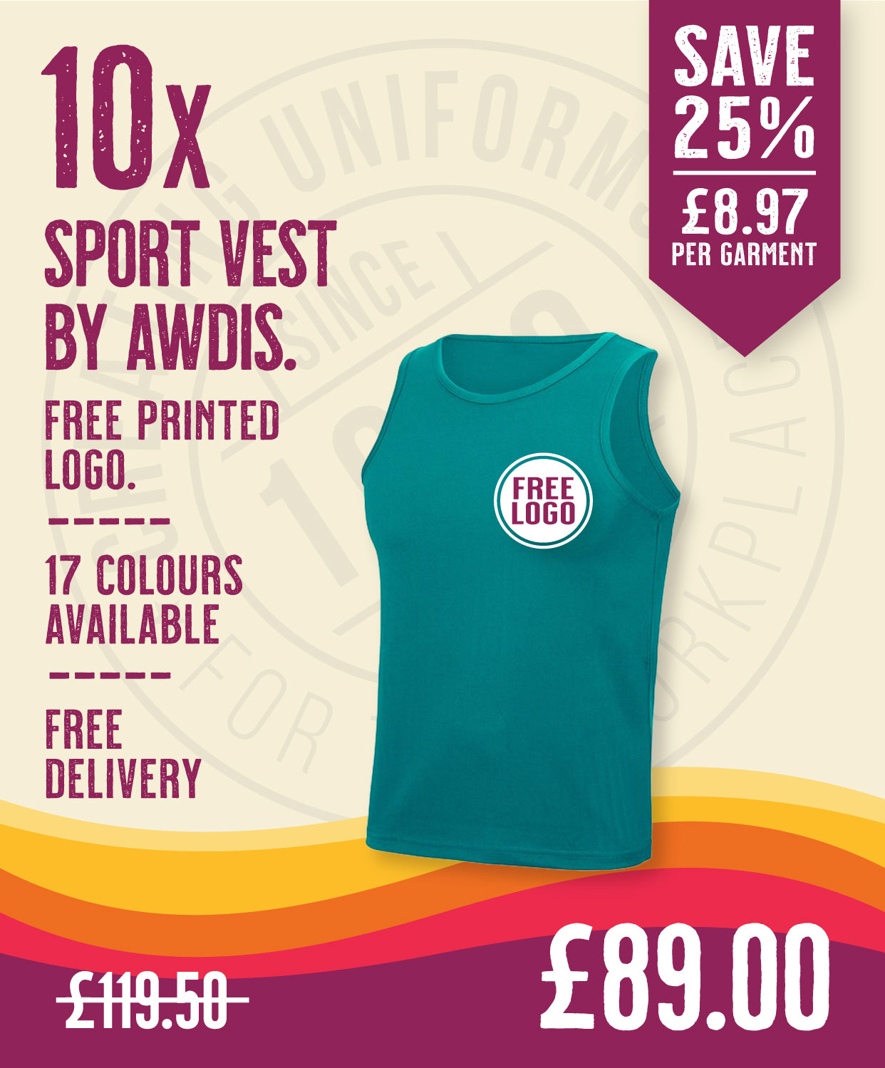 10 x Sport Vests by AWDis in Jade by Print Lab Deals — Custom branded clothing by Print Press, featuring premium embroidery produced in our specialist print lab in the UK.