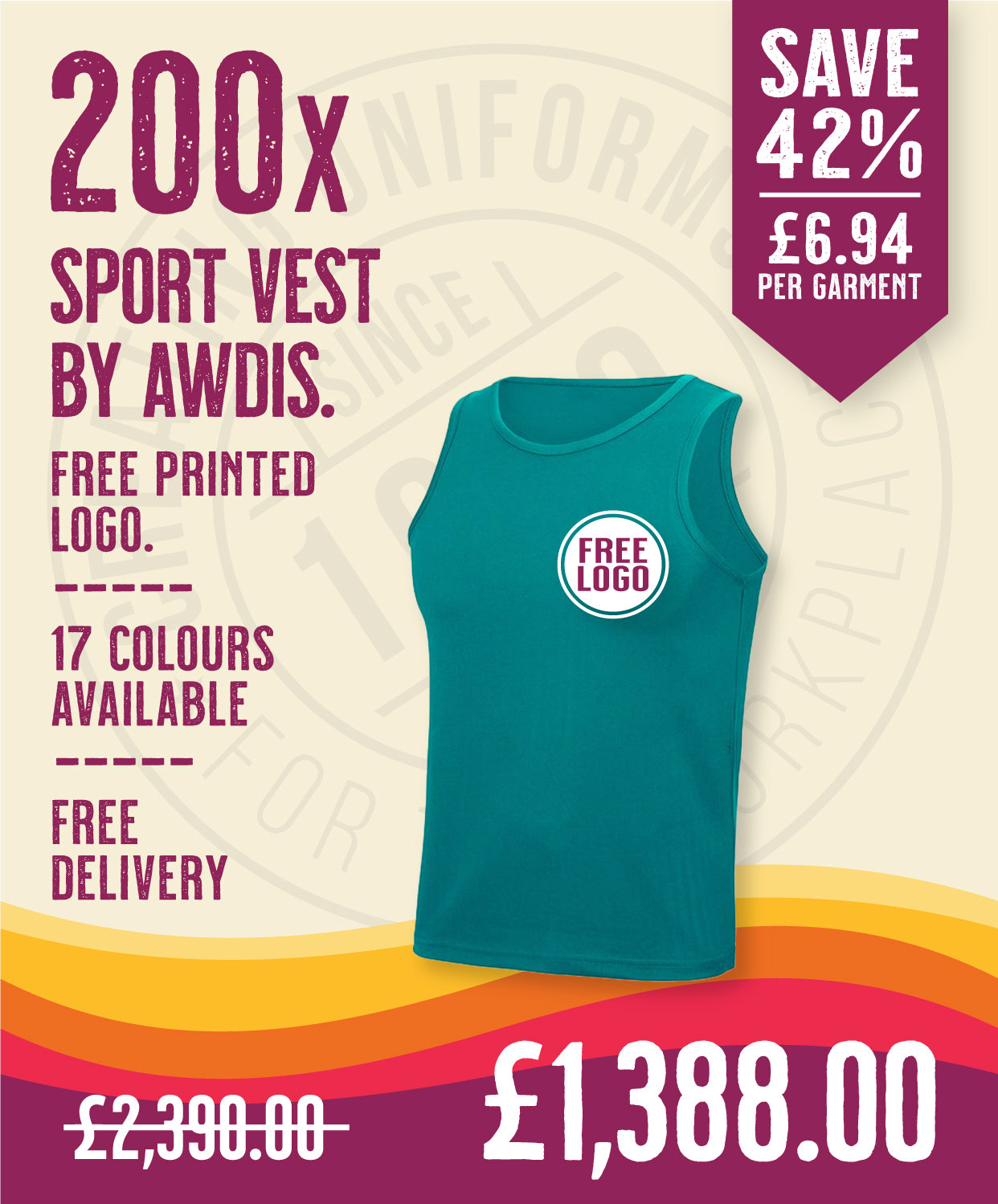 200 x Sport Vests by AWDis in Jade by Print Lab Deals — Custom branded clothing by Print Press, featuring premium embroidery produced in our specialist print lab in the UK.
