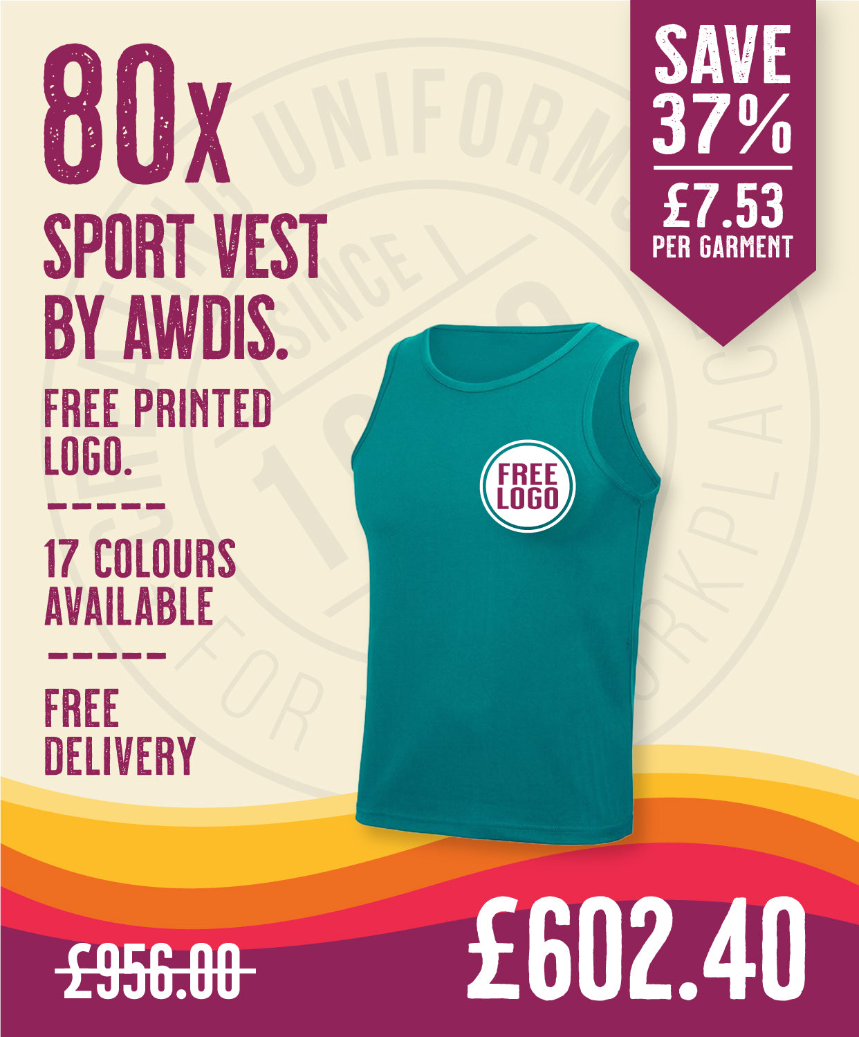 80 x Sport Vests by AWDis in Jade by Print Lab Deals — Custom branded clothing by Print Press, featuring premium embroidery produced in our specialist print lab in the UK.