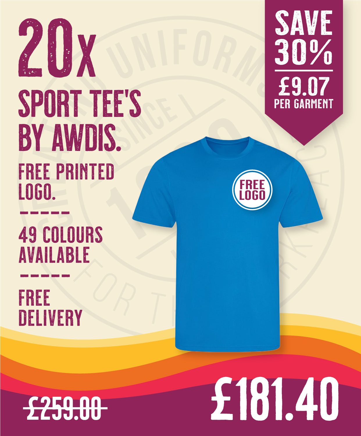 20 x Sport Tee's by AWDis in Cornflower Blue by Print Lab Deals — Custom branded clothing by Print Press, featuring premium embroidery produced in our specialist print lab in the UK.
