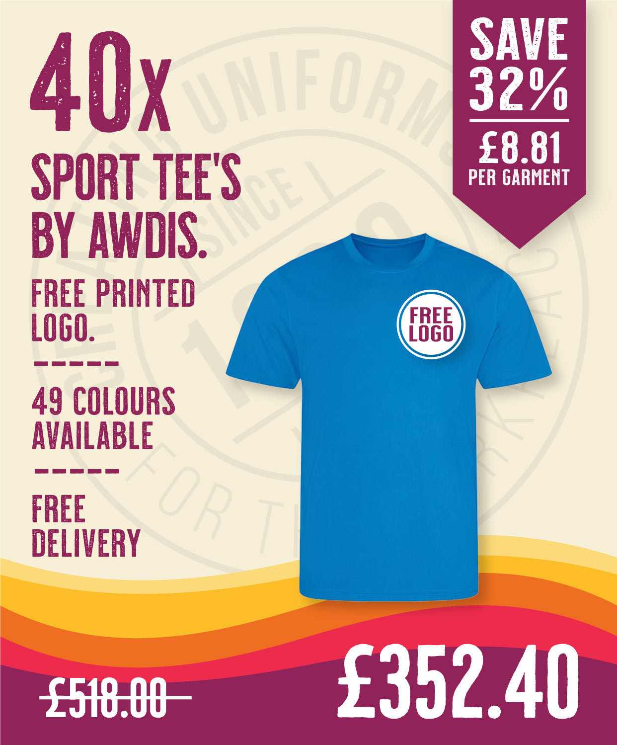 40 x Sport Tee's by AWDis in Cornflower Blue by Print Lab Deals — Custom branded clothing by Print Press, featuring premium embroidery produced in our specialist print lab in the UK.
