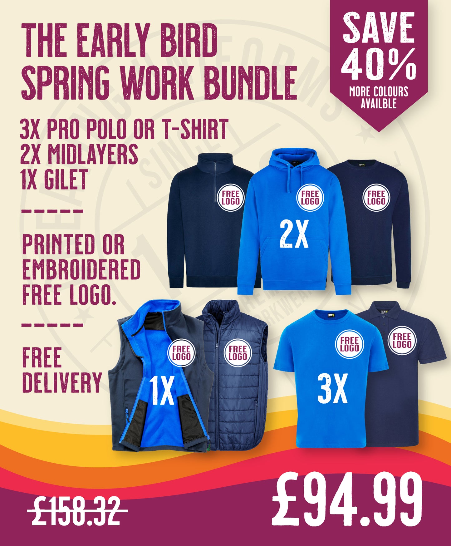 The Early Bird Spring Work Bundle in by Print Lab Deals — Custom branded clothing by Print Press, featuring premium embroidery produced in our specialist print lab in the UK.
