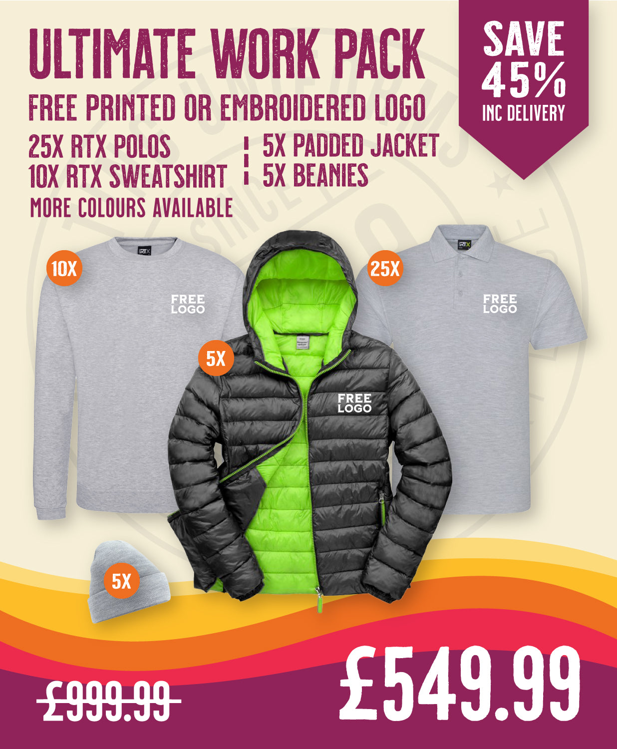 A comprehensive banner for The Ultimate Work Pack from Print Press, featuring a range of jackets, beanies, polo shirts, and sweatshirts from RTX and Result, highlighting durable clothing and precision embroidery produced in our professional print lab.