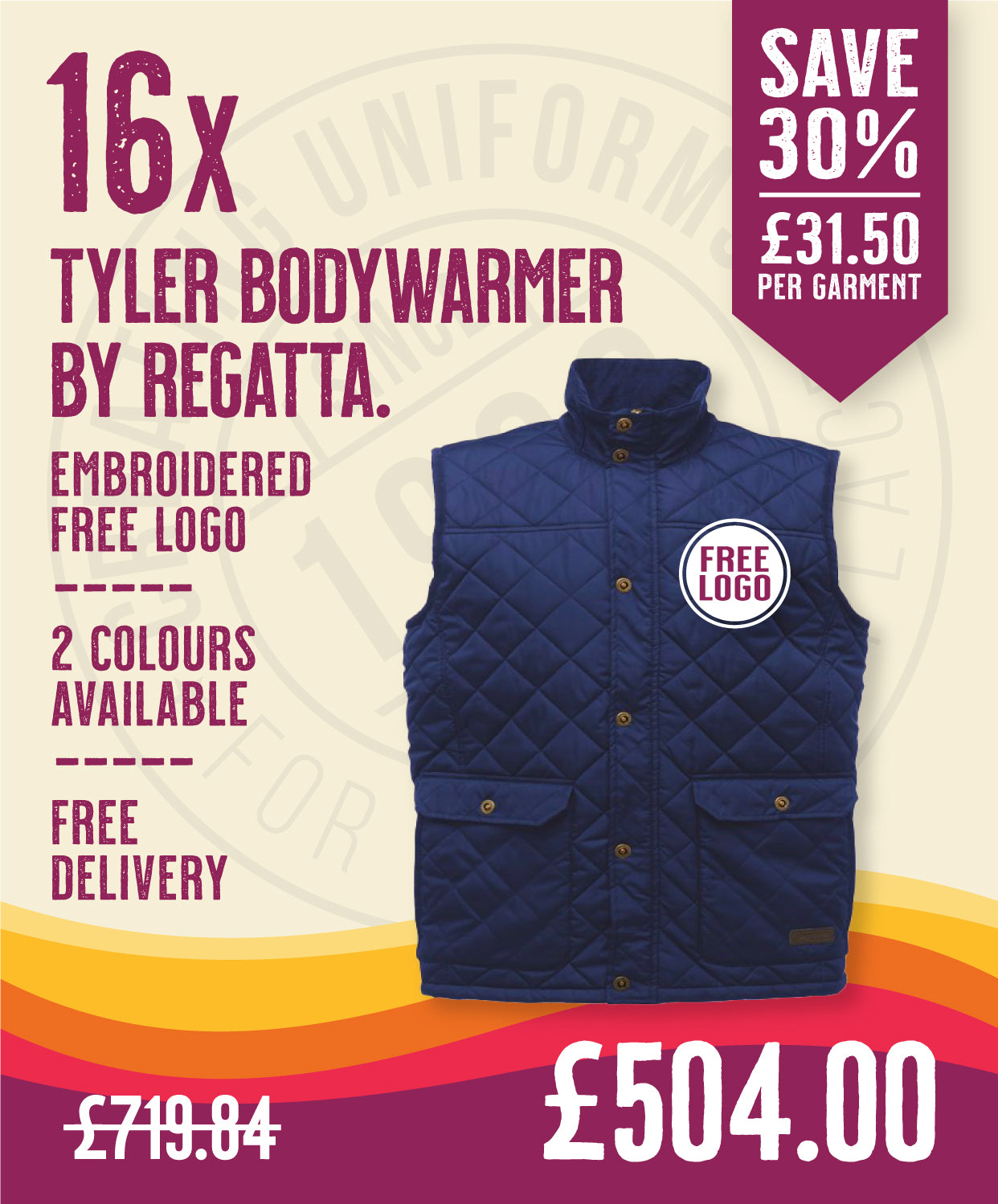 16 x Tyler Bodywarmer by Regatta in Navy by Print Lab Deals — Custom branded clothing by Print Press, featuring premium embroidery produced in our specialist print lab in the UK.