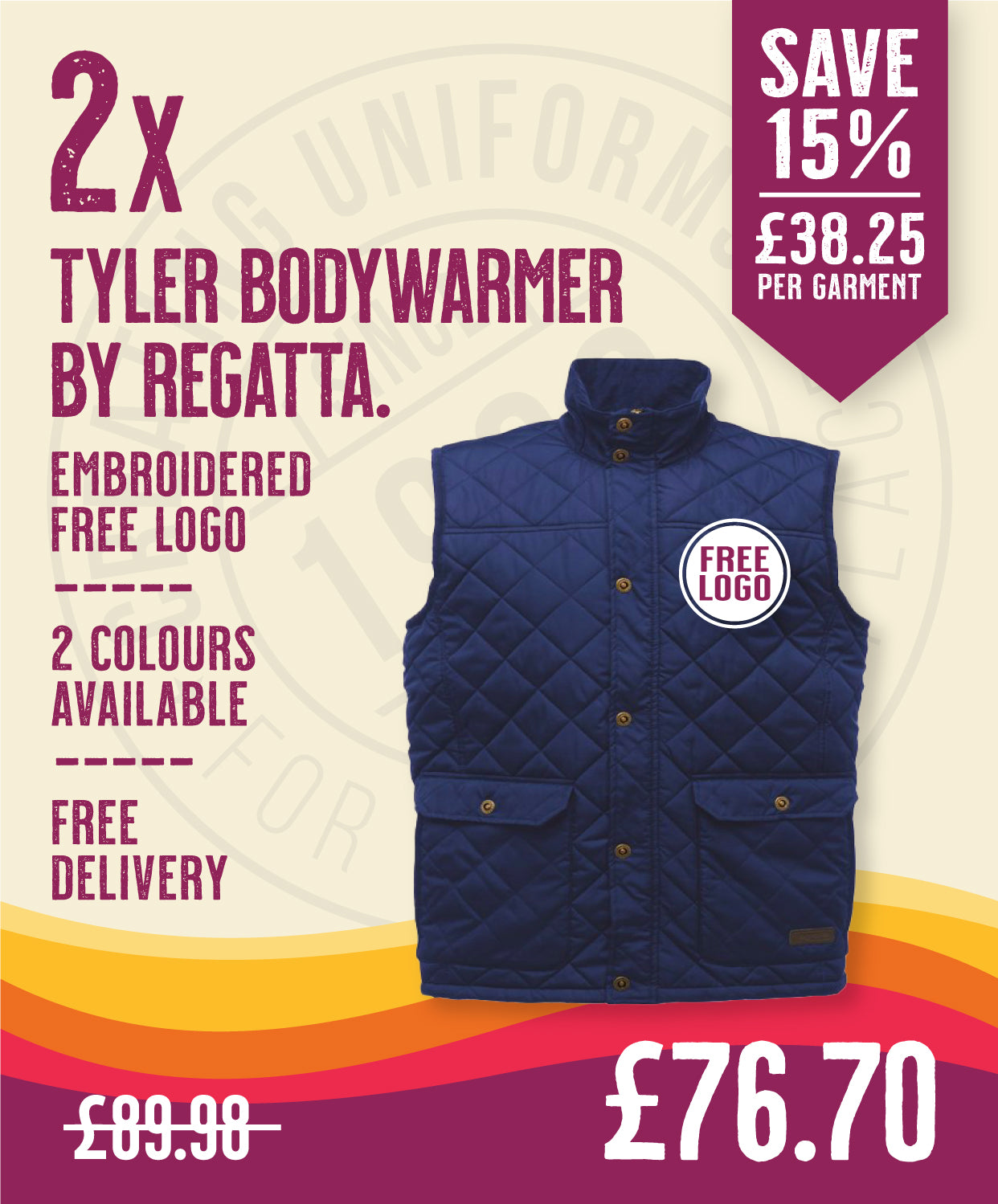 2 x Tyler Bodywarmer by Regatta in Navy by Print Lab Deals — Custom branded clothing by Print Press, featuring premium embroidery produced in our specialist print lab in the UK.