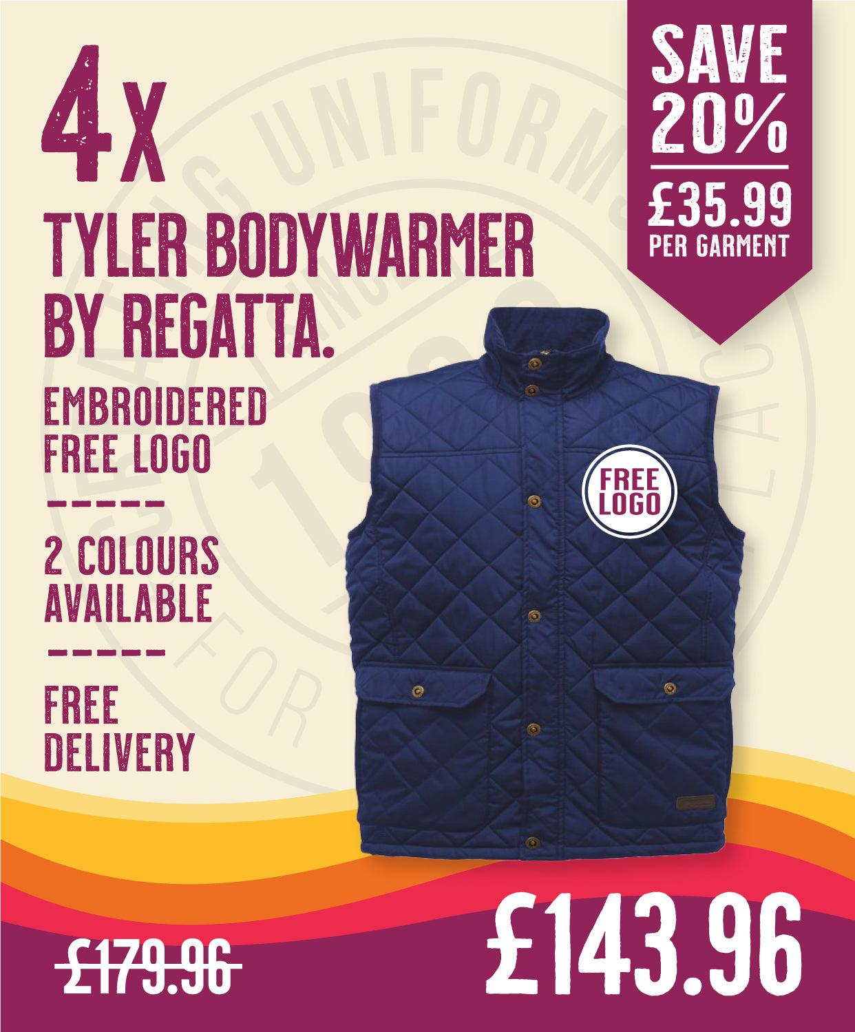 4 x Tyler Bodywarmer by Regatta in Navy by Print Lab Deals — Custom branded clothing by Print Press, featuring premium embroidery produced in our specialist print lab in the UK.