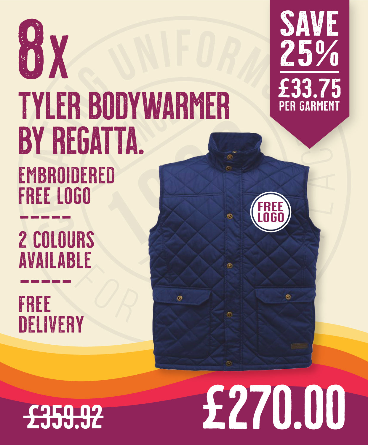 8 x Tyler Bodywarmer by Regatta in Navy by Print Lab Deals — Custom branded clothing by Print Press, featuring premium embroidery produced in our specialist print lab in the UK.
