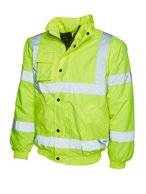 16 x Hi-Vis Bomber Jacket by Uneek in Hi-Vis Yellow by Print Lab Deals — Custom branded clothing by Print Press, featuring premium embroidery produced in our specialist print lab in the UK.
