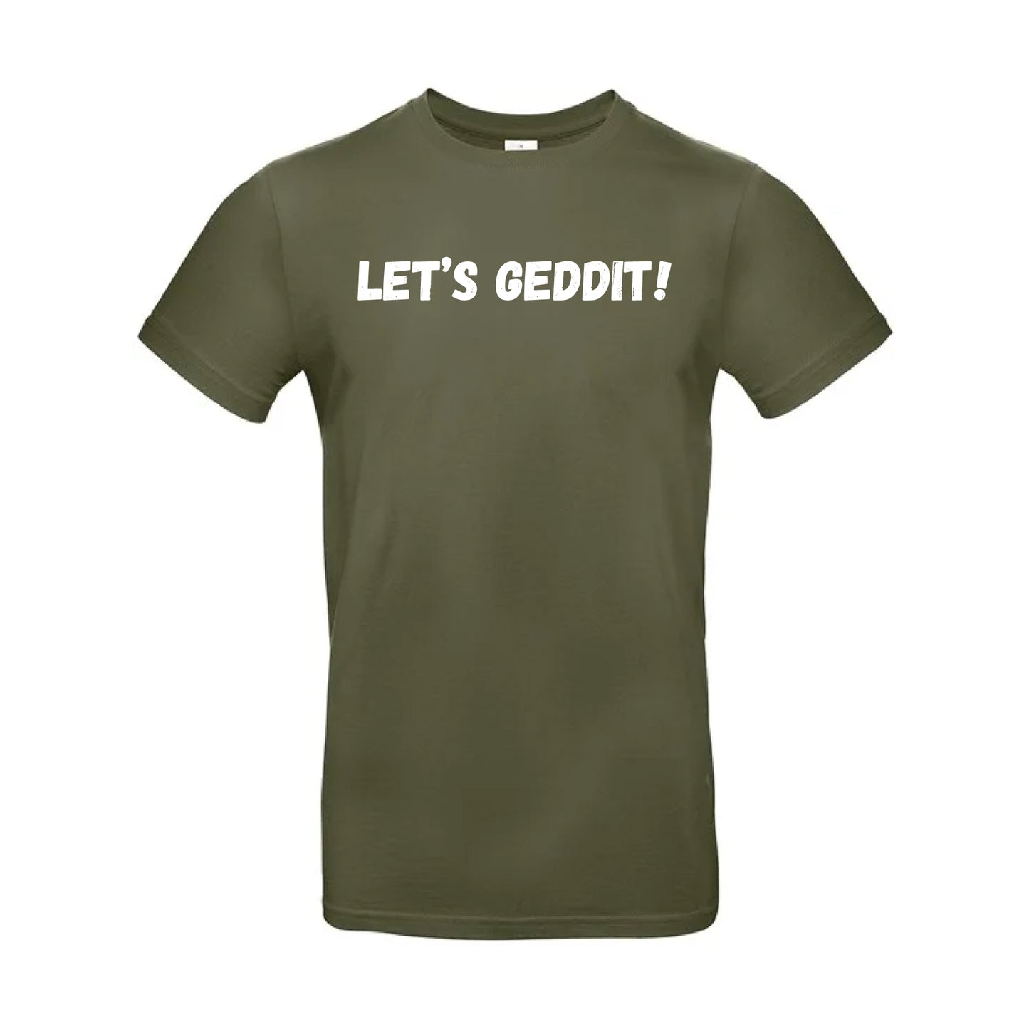 IBH T-Shirt - White Print (£26.40 inc VAT) in LET'S GEDDIT! Urban Khaki by printlab.clothing — Custom branded clothing by Print Press, featuring premium embroidery produced in our specialist print lab in the UK.