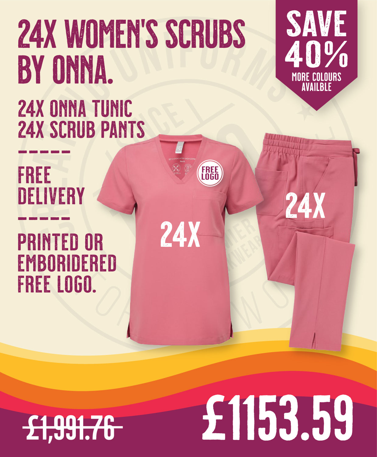 24x Women's Scrubs Deal by Onna in by Print Lab Deals — Custom branded clothing by Print Press, featuring premium embroidery produced in our specialist print lab in the UK.