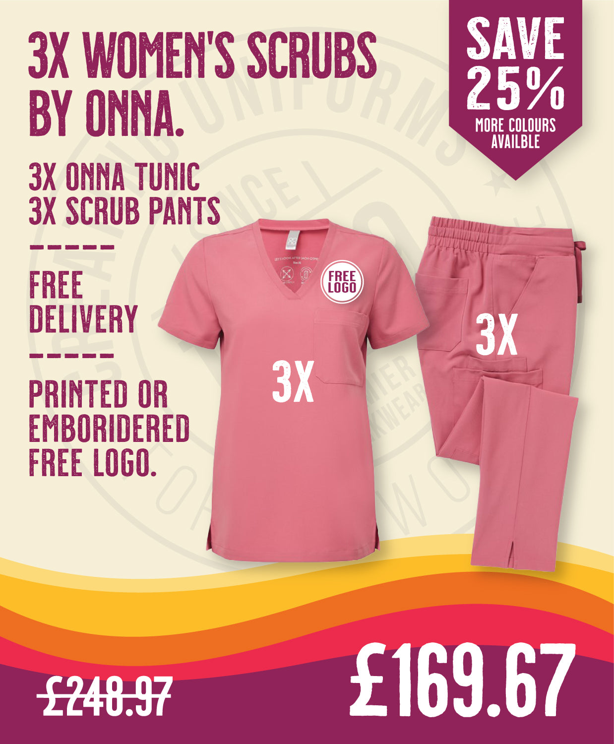 3x Women's Scrubs Deal by Onna in by Print Lab Deals — Custom branded clothing by Print Press, featuring premium embroidery produced in our specialist print lab in the UK.