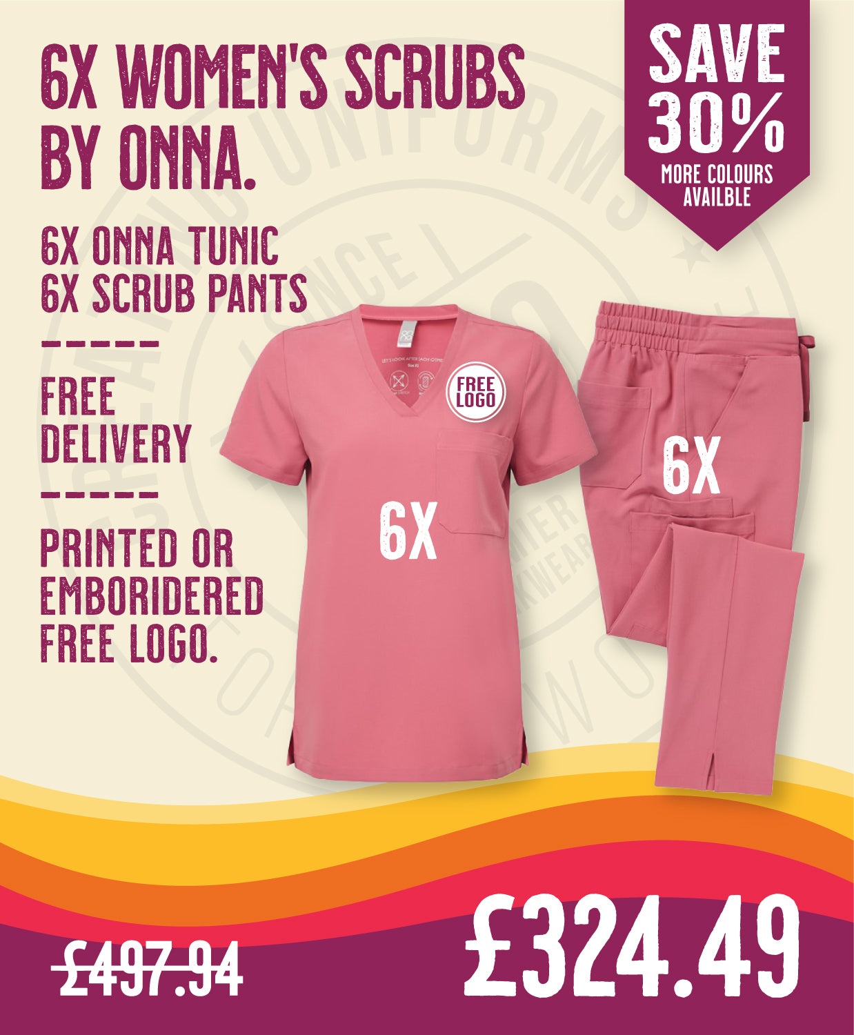 6x Women's Scrubs Deal by Onna in by Print Lab Deals — Custom branded clothing by Print Press, featuring premium embroidery produced in our specialist print lab in the UK.
