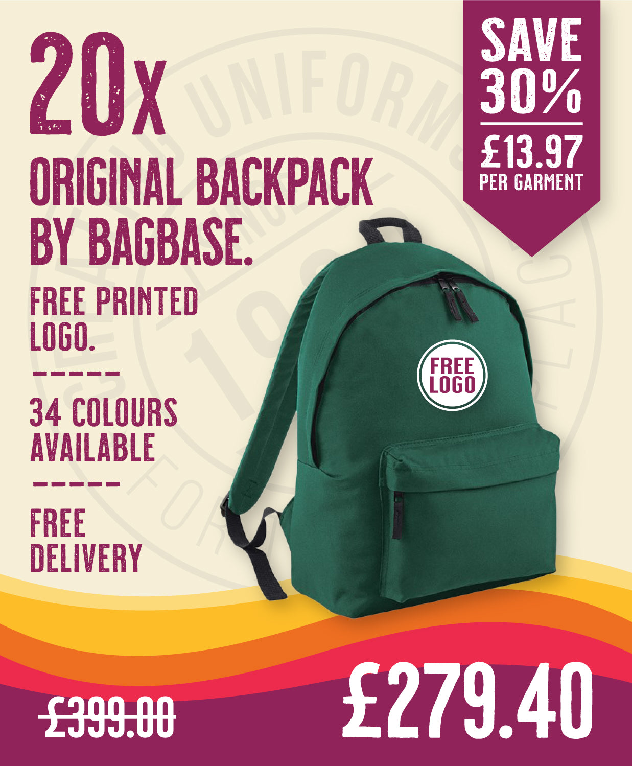 20 x Original Backpacks By Bagbase in Bottle Green by Print Lab Deals — Custom branded clothing by Print Press, featuring premium embroidery produced in our specialist print lab in the UK.