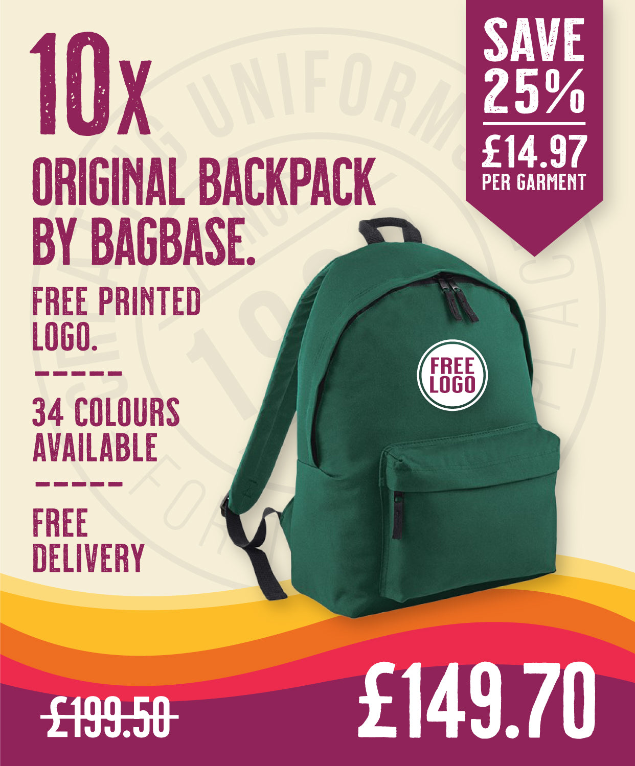 10 x Original Backpacks By Bagbase in Bottle Green by Print Lab Deals — Custom branded clothing by Print Press, featuring premium embroidery produced in our specialist print lab in the UK.
