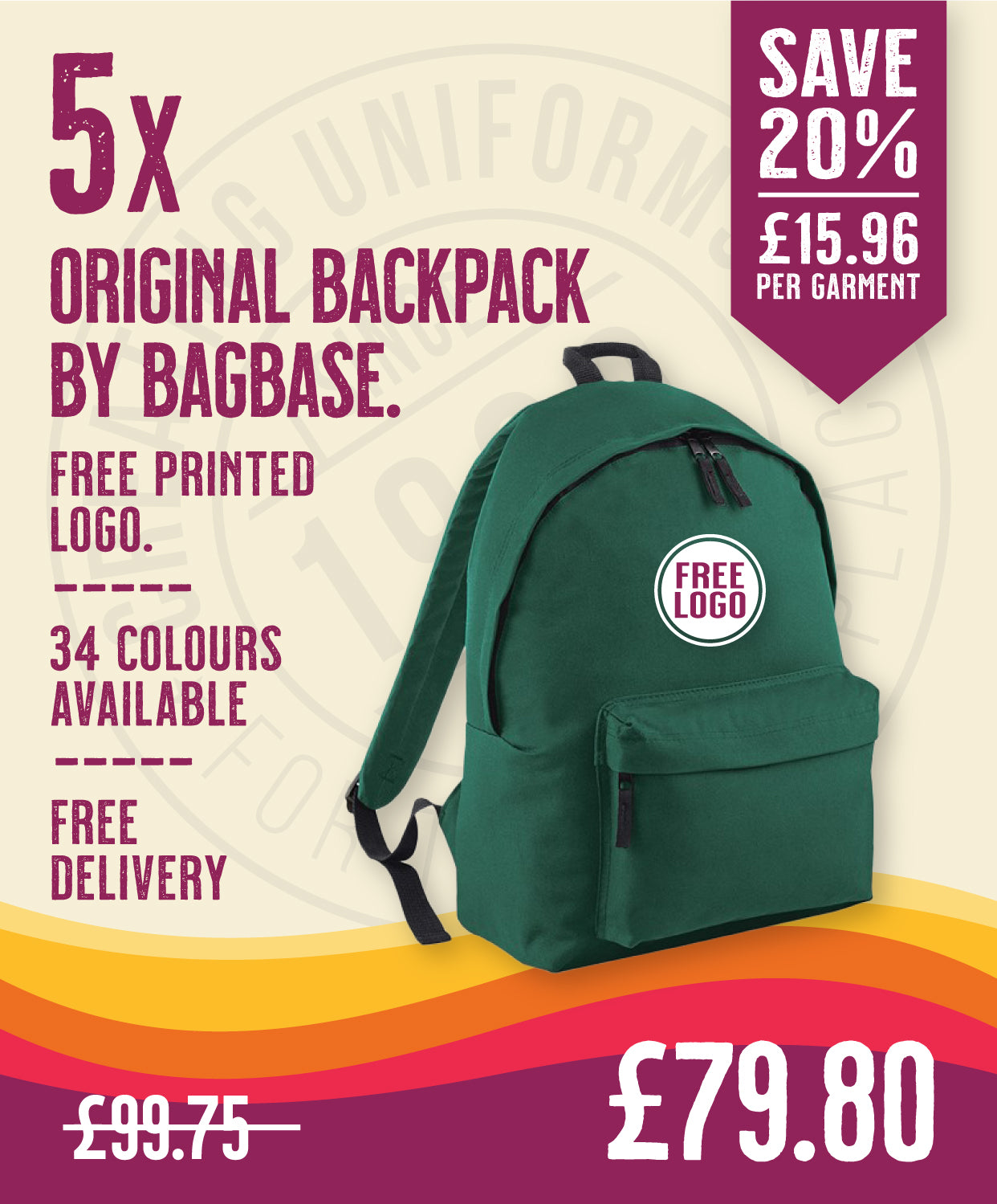 5 x Original Backpacks By Bagbase in Bottle Green by Print Lab Deals — Custom branded clothing by Print Press, featuring premium embroidery produced in our specialist print lab in the UK.