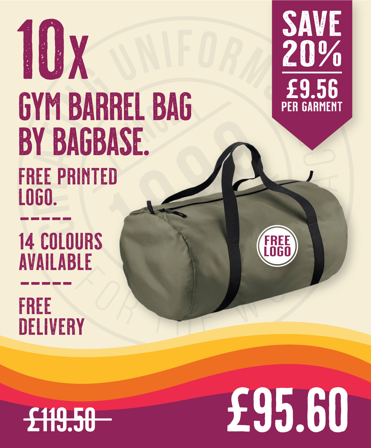 10 x Gym Barrel Bag by Bagbase in Olive Green Black by Print Lab Deals — Custom branded clothing by Print Press, featuring premium embroidery produced in our specialist print lab in the UK.