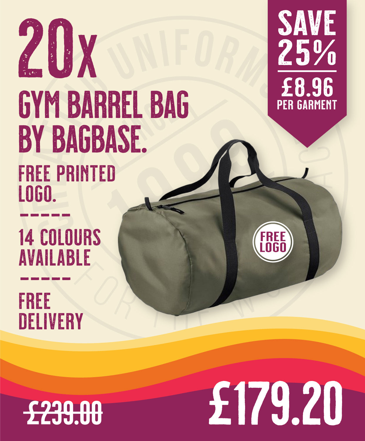 20 x Gym Barrel Bag by Bagbase in Olive Green Black by Print Lab Deals — Custom branded clothing by Print Press, featuring premium embroidery produced in our specialist print lab in the UK.