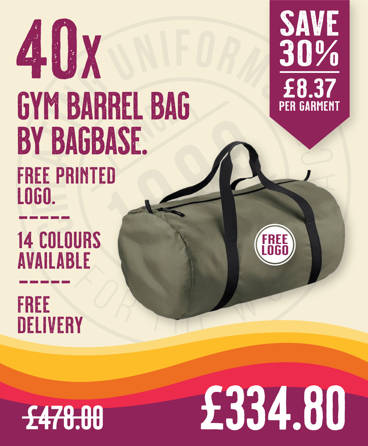 40 x Gym Barrel Bag by Bagbase in Olive Green Black by Print Lab Deals — Custom branded clothing by Print Press, featuring premium embroidery produced in our specialist print lab in the UK.