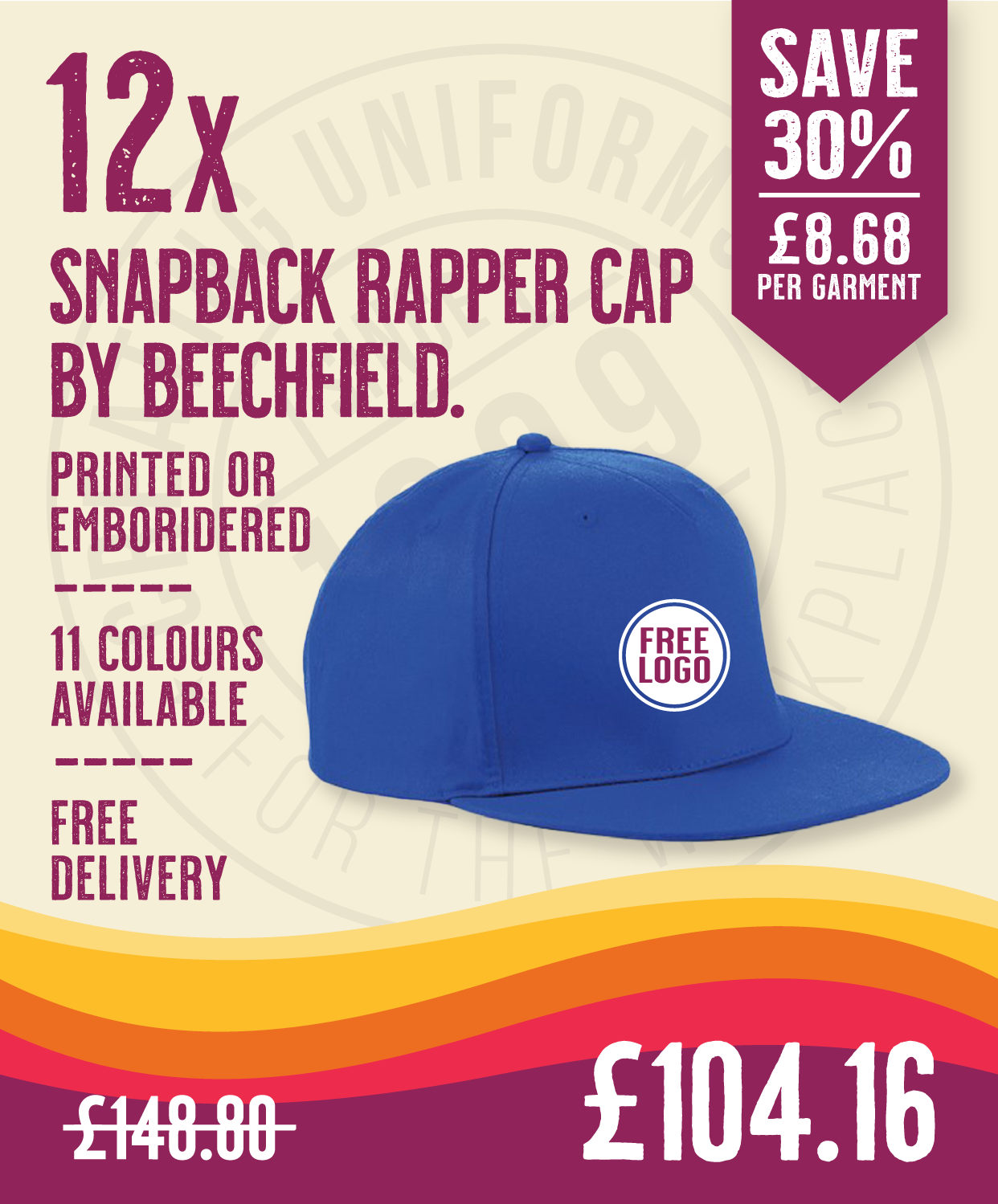 12 x Snapback Rapper Cap by Beechfield in Royal Blue by Print Lab Deals — Custom branded clothing by Print Press, featuring premium embroidery produced in our specialist print lab in the UK.