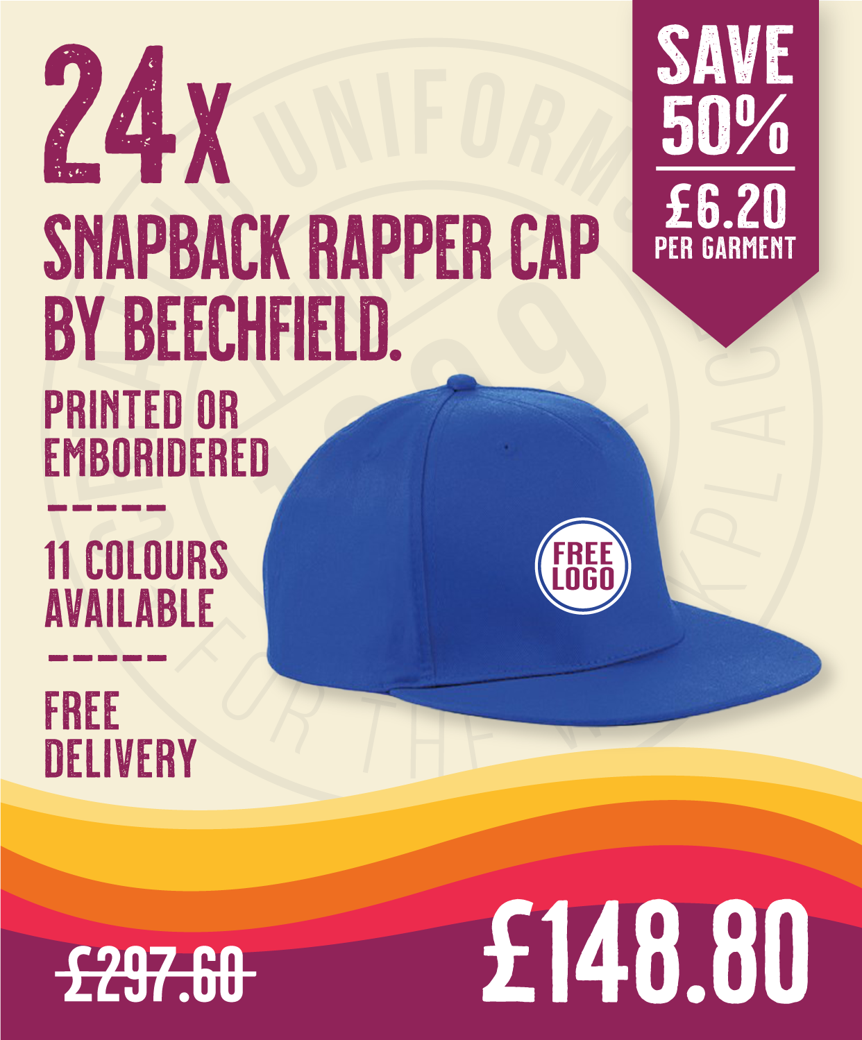 24 x Snapback Rapper Cap by Beechfield in Royal Blue by Print Lab Deals — Custom branded clothing by Print Press, featuring premium embroidery produced in our specialist print lab in the UK.