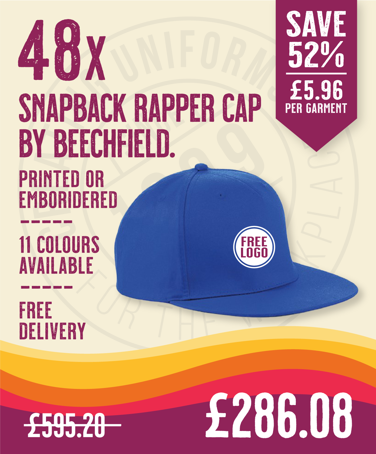 48 x Snapback Rapper Cap by Beechfield in Royal Blue by Print Lab Deals — Custom branded clothing by Print Press, featuring premium embroidery produced in our specialist print lab in the UK.