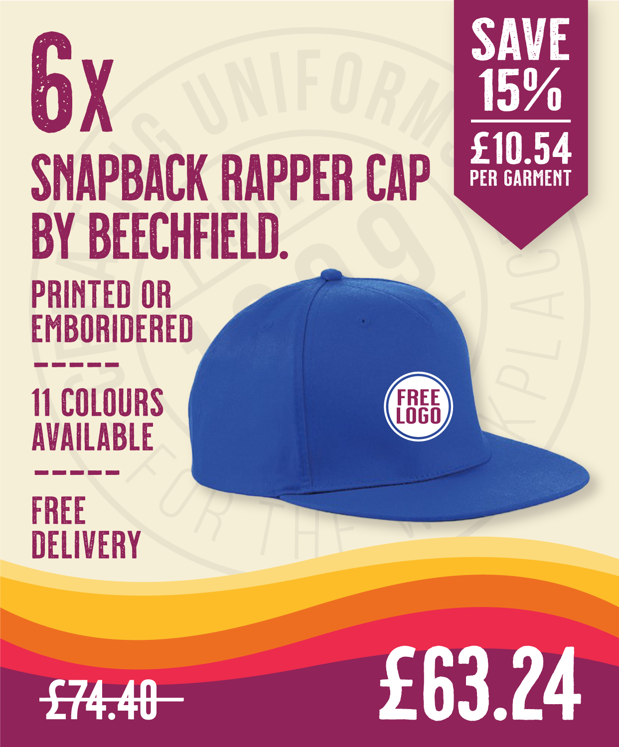 6 x Snapback Rapper Cap by Beechfield in Royal Blue by Print Lab Deals — Custom branded clothing by Print Press, featuring premium embroidery produced in our specialist print lab in the UK.