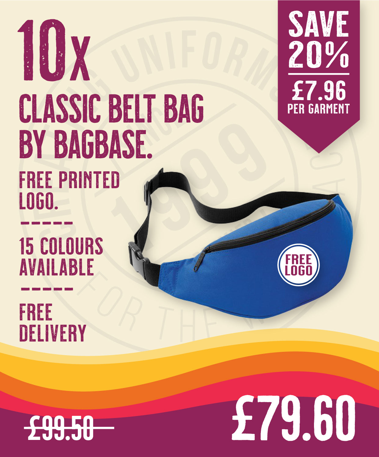 10 x Classic Belt Bag by Bagbase in Bright Royal by Print Lab Deals — Custom branded clothing by Print Press, featuring premium embroidery produced in our specialist print lab in the UK.