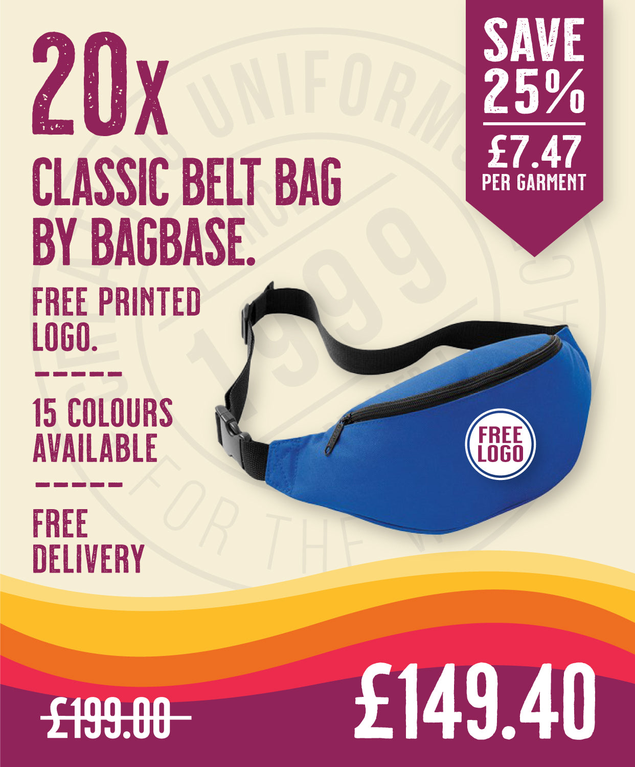 20 x Classic Belt Bag by Bagbase in Bright Royal by Print Lab Deals — Custom branded clothing by Print Press, featuring premium embroidery produced in our specialist print lab in the UK.