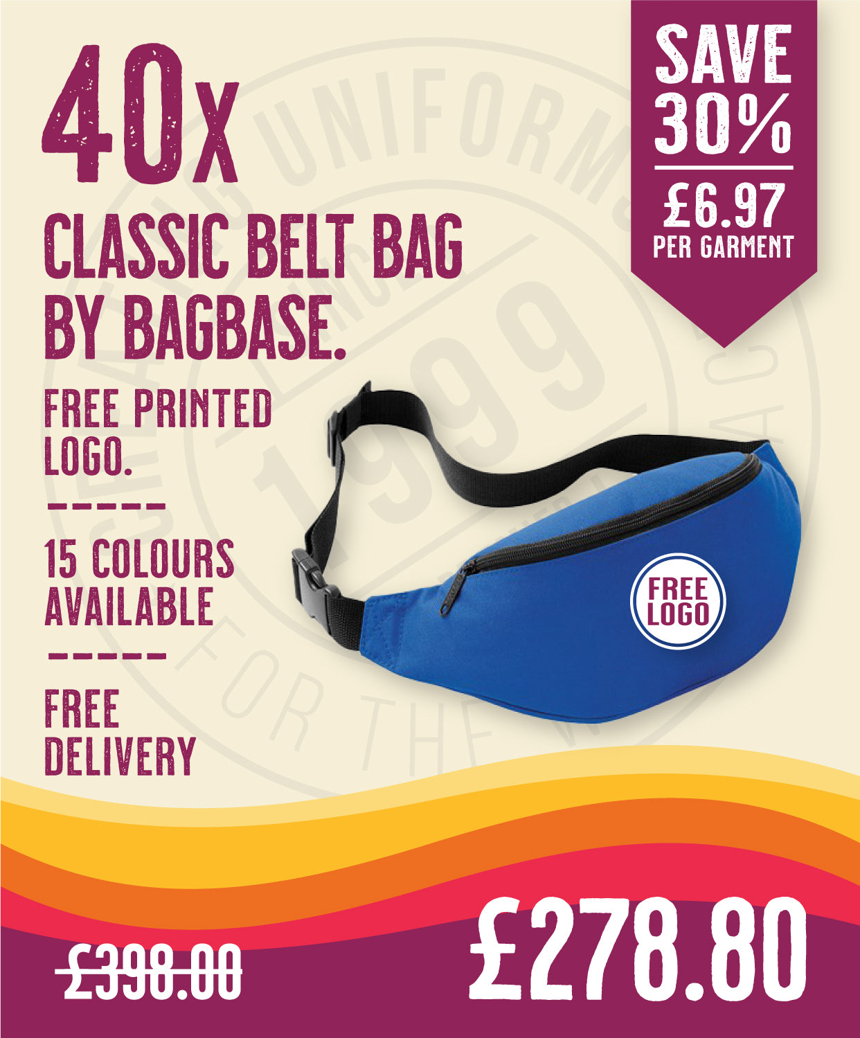 40 x Classic Belt Bag by Bagbase in Bright Royal by Print Lab Deals — Custom branded clothing by Print Press, featuring premium embroidery produced in our specialist print lab in the UK.