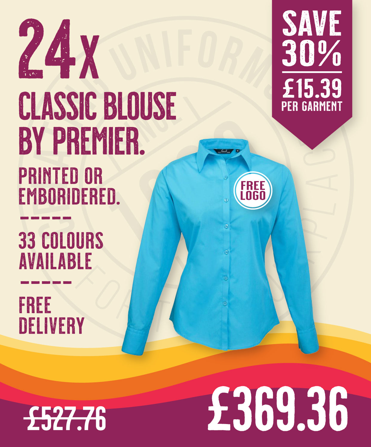 24 x Classic Blouse By Premier in Turquoise by Print Lab Deals — Custom branded clothing by Print Press, featuring premium embroidery produced in our specialist print lab in the UK.
